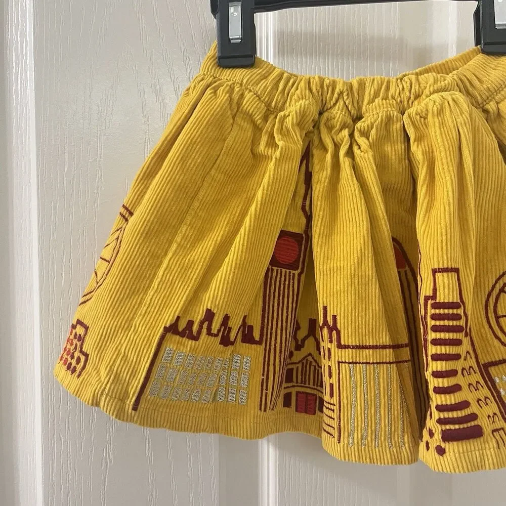Piccolina Embroidered London Skyline Corduroy Skirt Yellow Girls Size 2T
